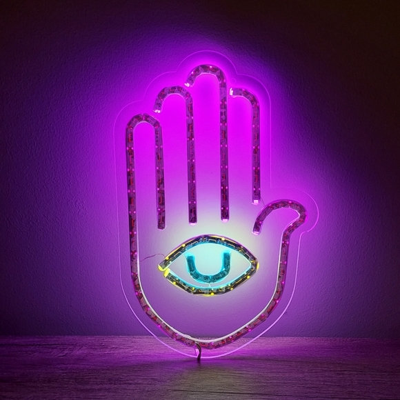 *1 DAY SALE* Purple Hamsa Hand Fatima Evil Eye Neon Light Lamp Wall Sign Hanging - Picture 3 of 8